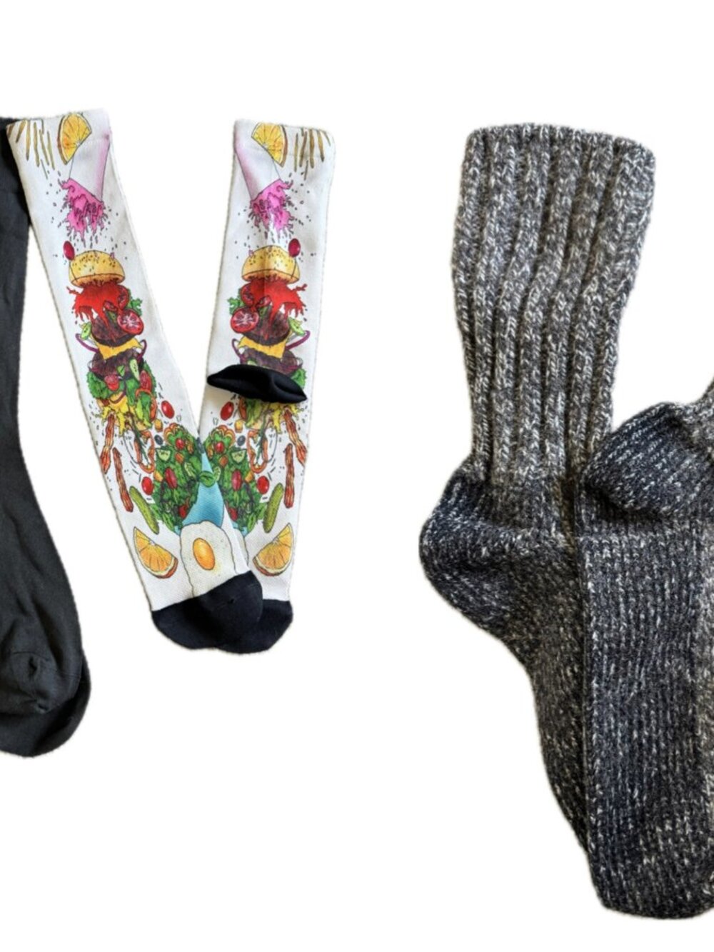 3 Pair Socks Crew Length: 1 Dress, 1 Heavy Knit, 1 Salad Print Unisex